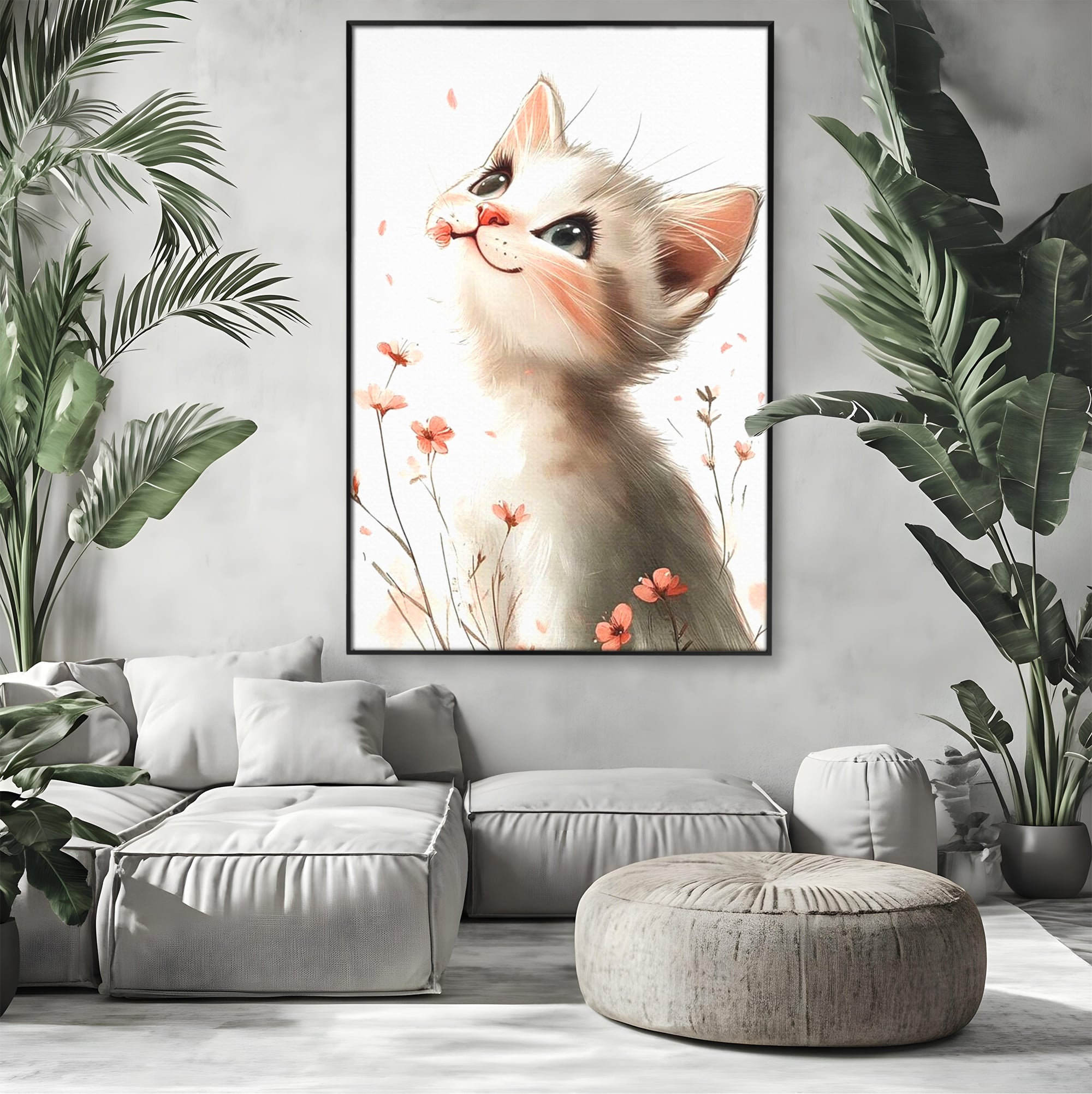 Tablou canvas cu ilustratie cu pisicuta alba si flori roz, in rama de aluminiu negru, pe perete intr-un living
